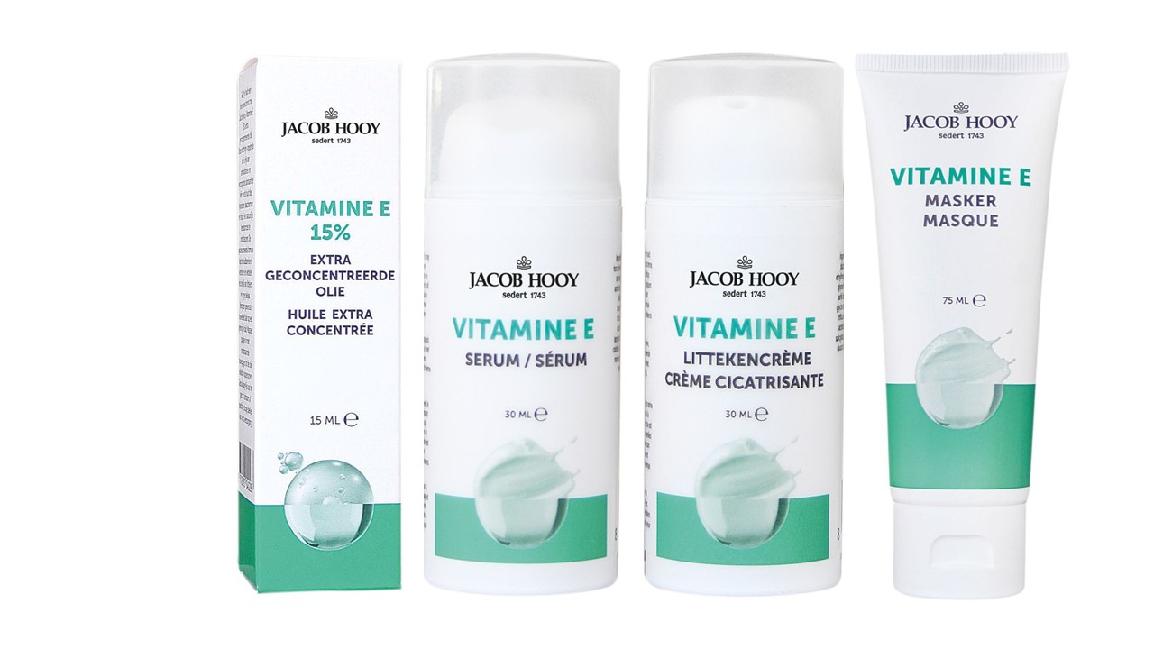 Vitamine E verzorgingsserie van Jacob Hooy met serum, littekencrème, masker en 15% extra geconcentreerde olie